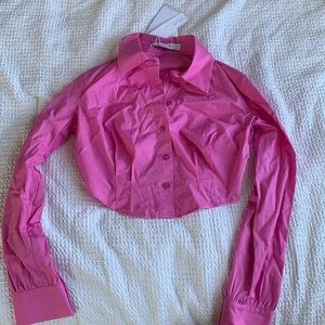 Bershka cropped hot pink button up